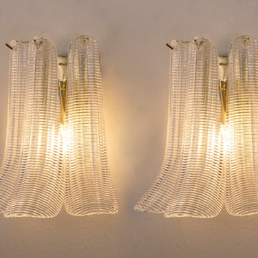 Set of 2 Small wall lamp Murano glass with striped texture decoration Made in Italy, vintage-style wall lamp with saddles 