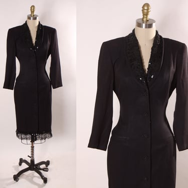 1980s Black Long Sleeve Corporate Goth Dominatrix Button Up Office Dress by Lois Snyder Dani Maxx -XS 