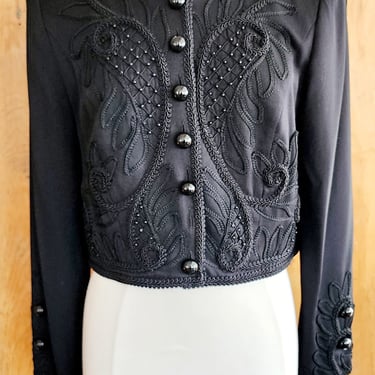 Vintage 80s Black Cropped Blazer Embroidered Beaded Marie St Claire 