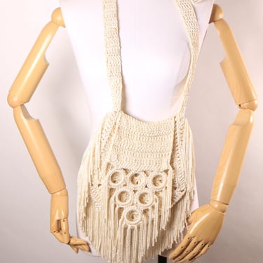 Deadstock 1970s Cream Off White Crochet Fringe Boho Hippie Shoulder Strap Purse 