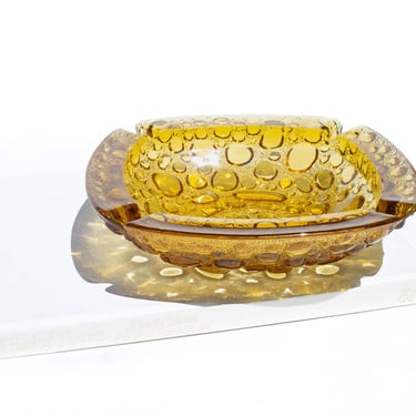 Vintage Amber Bubble Glass Kidney Bowl, MCM Blenko Amber Pebble Bubble Ashtray 