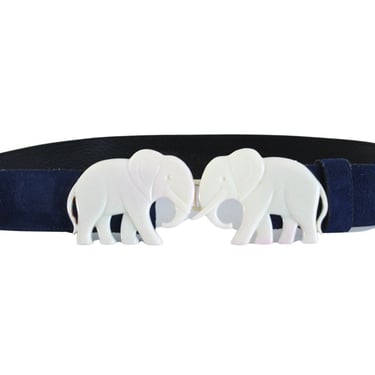 1970s Navy Blue Suede Leather Belt with Elephant Buckle - Vintage Blue Suede Belt - 70s Leather Belt - Vintage Elephant Belt - Novelty Belt 