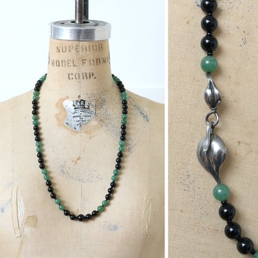 green aventurine & black onyx beaded long necklace • sterling silver leaf clasp round bead necklace 