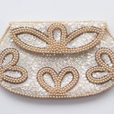 1950s white clutch with sequins and faux pearl design in original box 