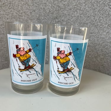 Vintage 1979 Glasses Set 2 “Psyche Out” skiing Humor by Pepsi Sports Gary Patterson 