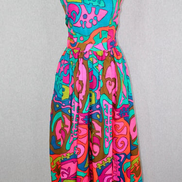 1960s - Lord and Taylor Jumpsuit - Mid Century Mod Jumpsuit - Palm Leaf, Tropical - Palazzo Pants - Neon Pink 