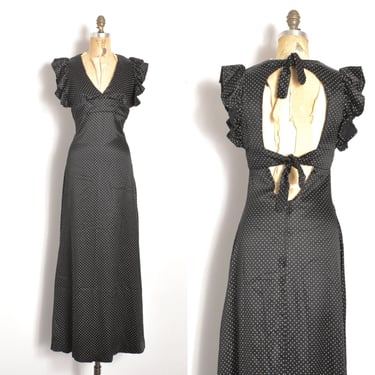 Vintage 1970s Dress / 70s Open Back Swiss Dot Maxi Dress / Black White ( S M ) 