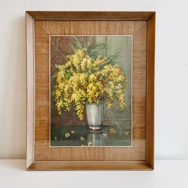 Framed Floral Art with Grasscloth Mat and Wood Frame