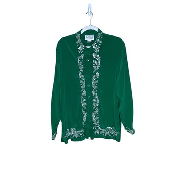 Vintage Diane von furstenberg green embroidered silk button down top blouse large 
