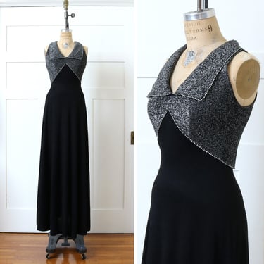 vintage 1970s sexy stretch lurex maxi dress • black & silver rhinestone big collar sleeveless disco dress 