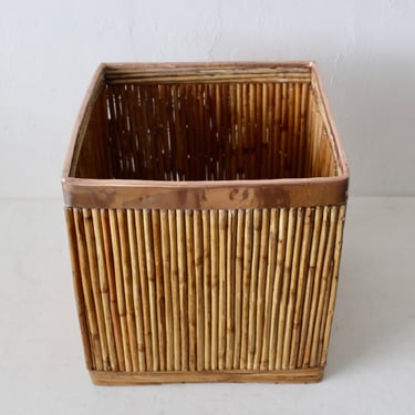 Large Mid Century Gabriella Crespi Style Brass & Rattan Bamboo Cube Planter or Basket 