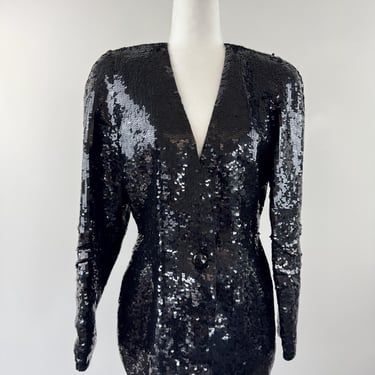 1980s Oleg Cassini Black Sequin Blazer 