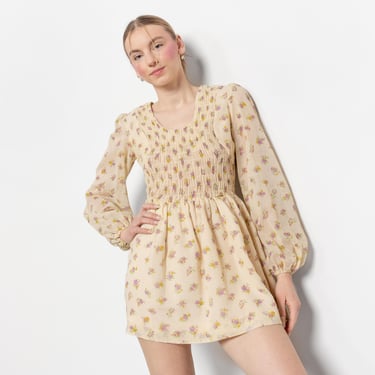 Young Edwardian By Arpeja FLORAL DOLLY DITZY Mini Dress 60s 70's Smocked Cotton Sun Dresses Vintage / Small Xs 