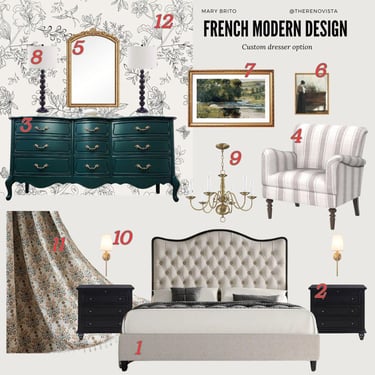 Online Interior Design Service / French Country Modern Bedroom Design Mood Board and Product List Download / Interior Design Services 