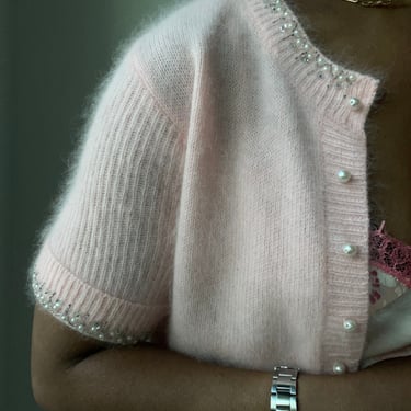vintage angora peony feminine fitted mid century pearl trim sweater 