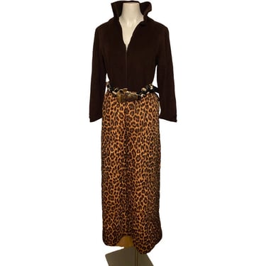 70s Vintage CHEETAH print hostess Dress, empire waist dress, zip up dress, animal print Maxi Dress size 10 / 12 m medium 