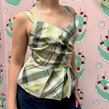 Plaid Green and Blue Pleated Top