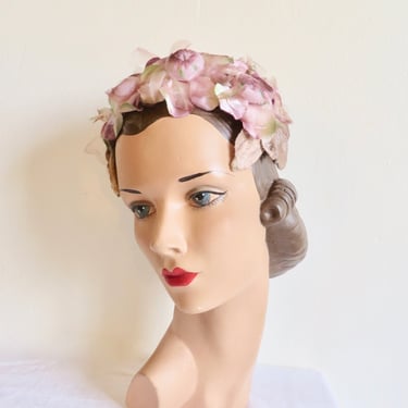 1950's Pink Mauve Lavender Silk Floral Fascinator Hat 50's Spring Summer Millinery Bridal Wedding Headpiece Cinderella New York 