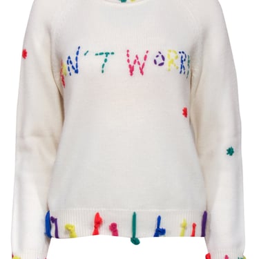 Mira Mikati - Ivory Knit w/ Multi Color Embroidery &quot;Don't Worry&quot; Sweater Sz M