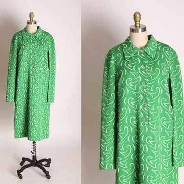 1960s 1970s Green and White Swirl Long Sleeve Button Up Shift Dress by Andrew Werber -L 