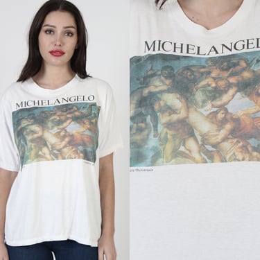 Michelangelo Classic Art Portrait Tee, Vintage 80s Paper Thin White T-Shirt 