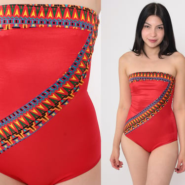 Vintage Strapless Swimsuit Red Geometric Bathing Suit 80s Southwestern Aztec One Piece Swim Suit 1980s Boho Hippie Small 