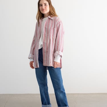 Vintage Pink Floral Vertical Print Shirt Jacket | Stripe Cotton Pajama Chore shirt | M L | SJ020 