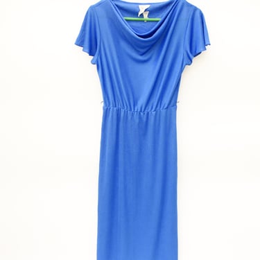 Vintage 70's Disco Dress - Slinky & Semi-Sheer, Beautiful Blue, Draped Neckline, Midi Length, Flutter Sleeves - Small 