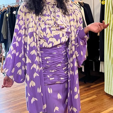 1980s VALENTINO Boutique Lavender and White Silk Cocktail Dress with Scarf Collar and Smock Style Jacket, Floral Pattern, Designer Dress 