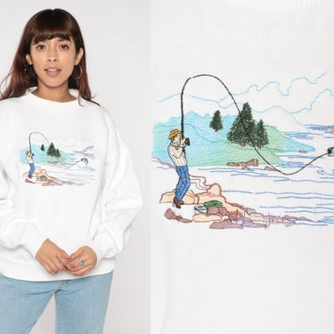 Fly Fishing Sweater 90s White Pullover Knit Sweater Embroidered Trout Fisherman Mountain Lake Print Crewneck Cotton Vintage 1990s Large L 