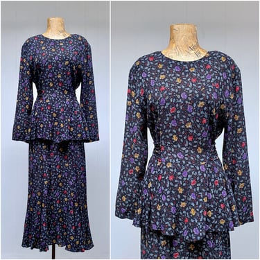 Vintage 1980s Does 1940s Peplum Maxi Dress, Black Floral Rayon Frock w/Bias Cut Skirt by Carole Little, Medium 