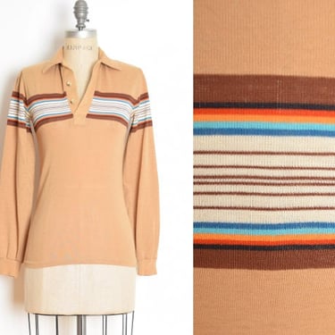 vintage 70s top polo shirt beige rainbow stripe print long sleeve tee XS clothing 