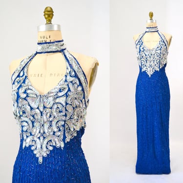 90s Vintage Blue Silver Beaded Gown Sequin Dress Medium Large Blue Halter Neck Silk Pageant Gown // Vintage Blue Pageant Barbie Gown 