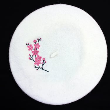 Embroidered Chery Blossom Ivory Beret 