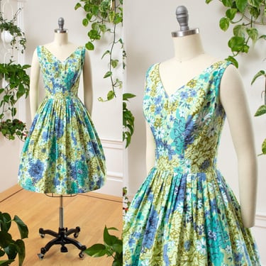Vintage 1950s Sundress | 50s Floral Cotton Green Blue Fit and Flare Full Skirt Sleeveless Retro Tea Day Dress | x-small/small 