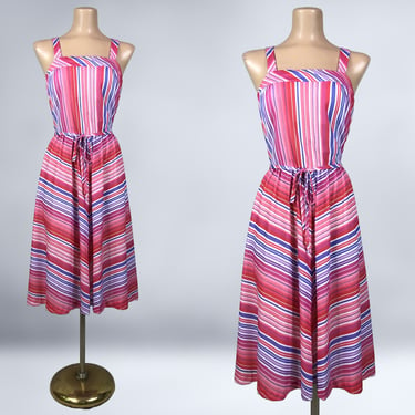 VINTAGE 70s 80s Pink Candy Stripe Disco Sun Dress by Walden Classics Sz 12 | 1970s 1980s Built in Bra Summer Dress | vfg 