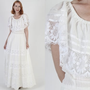 Off The Shoulder All White Mexican Dress Floor Length Crochet Gown 70s Ethnic Mexico Pintuck Fiesta Maxi 
