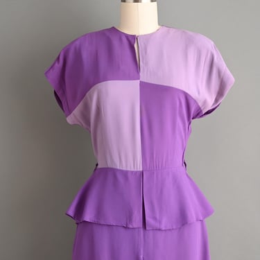 vintage 1940s Dress | Unique Purple Color Block Rayon Dress | Small 