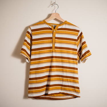 Vintage 1960s Goldenrod and Brown Striped Short Sleeve Henley T Shirt Amati by Barclay Men’s Extra Small 