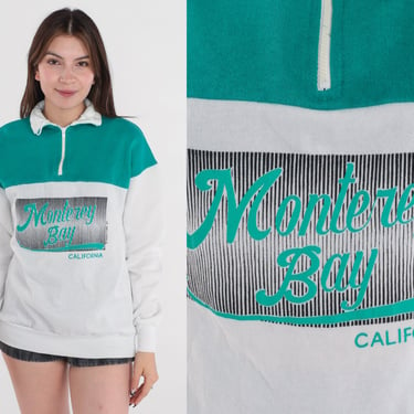 Monterey Bay Sweatshirt 80s California Sweatshirt Retro Pullover Quarter Zip Tourist Graphic CA White Green Color Block Vintage 1980s Medium 