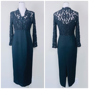 1990s Vintage Carole Little Vampy Lace Top Dress / 90s / Nineties Zipper Black Goth Wiggle Dress / Medium 