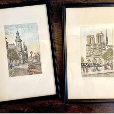 2 piece Antique Paris Cathedral Art, by BARRY Quai St. Michel, and Tour De l’Horloge 12.25” 