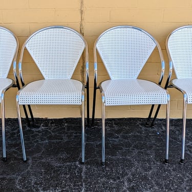 Modern Euro Chrome and Perforated White Metal Dining Chairs - Set of 4 