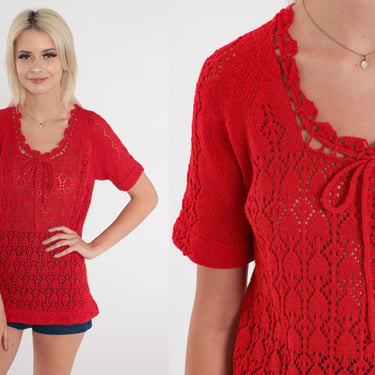 Red Crochet Top 70s Sheer Knit Shirt Boho Blouse Open Weave Cut Out Top Vintage Hippie Bohemian Shirt Drawstring Neck Short Sleeve Small S 