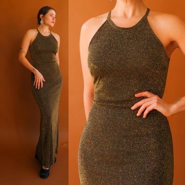 Vintage 90s OOs Gold Metallic Maxi Dress/ 1990s Tight Gold Dress/ Size Small Medium 