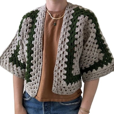 Handmade Crochet Granny Square 100% Wool Cardigan Tan Green Retro Hippie Sz M 