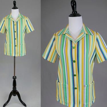 70s Striped Short Sleeve Jacket - Multicolor Stripes - Green White Yellow Blue - Textured Poly Knit - Vintage 1970s - S 