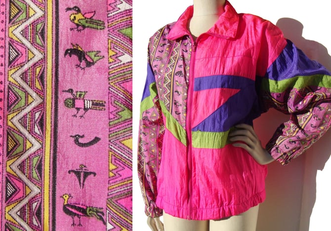 Vintage 80s Pink Windbreaker Jacket Memphis Group Color Block Zuni Design L 