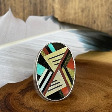 ZUNI Vintage Silver Mosaic Inlay Statement Ring | Turquoise, Jet, MOP, & Coral, Jasper | Native American Style Jewelry | Mens Size 10 1/4 
