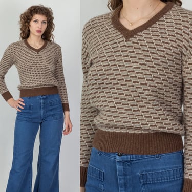 70s Cropped Wool Knit Sweater - Petite Small | Vintage Dash Striped V Neck Pullover Jumper 